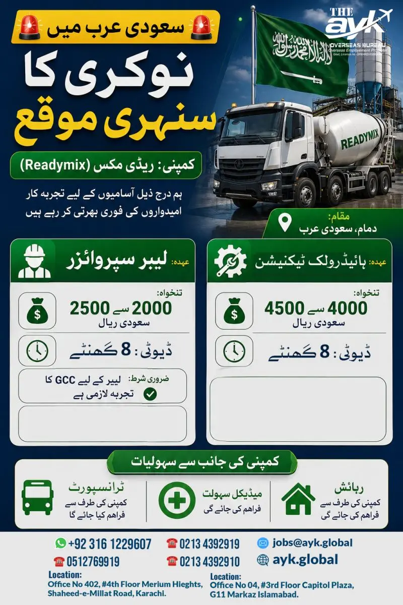 Hydraulic Technician and Labour Supervisor Jobs in Saudi Arabia for Pakistanis 2026